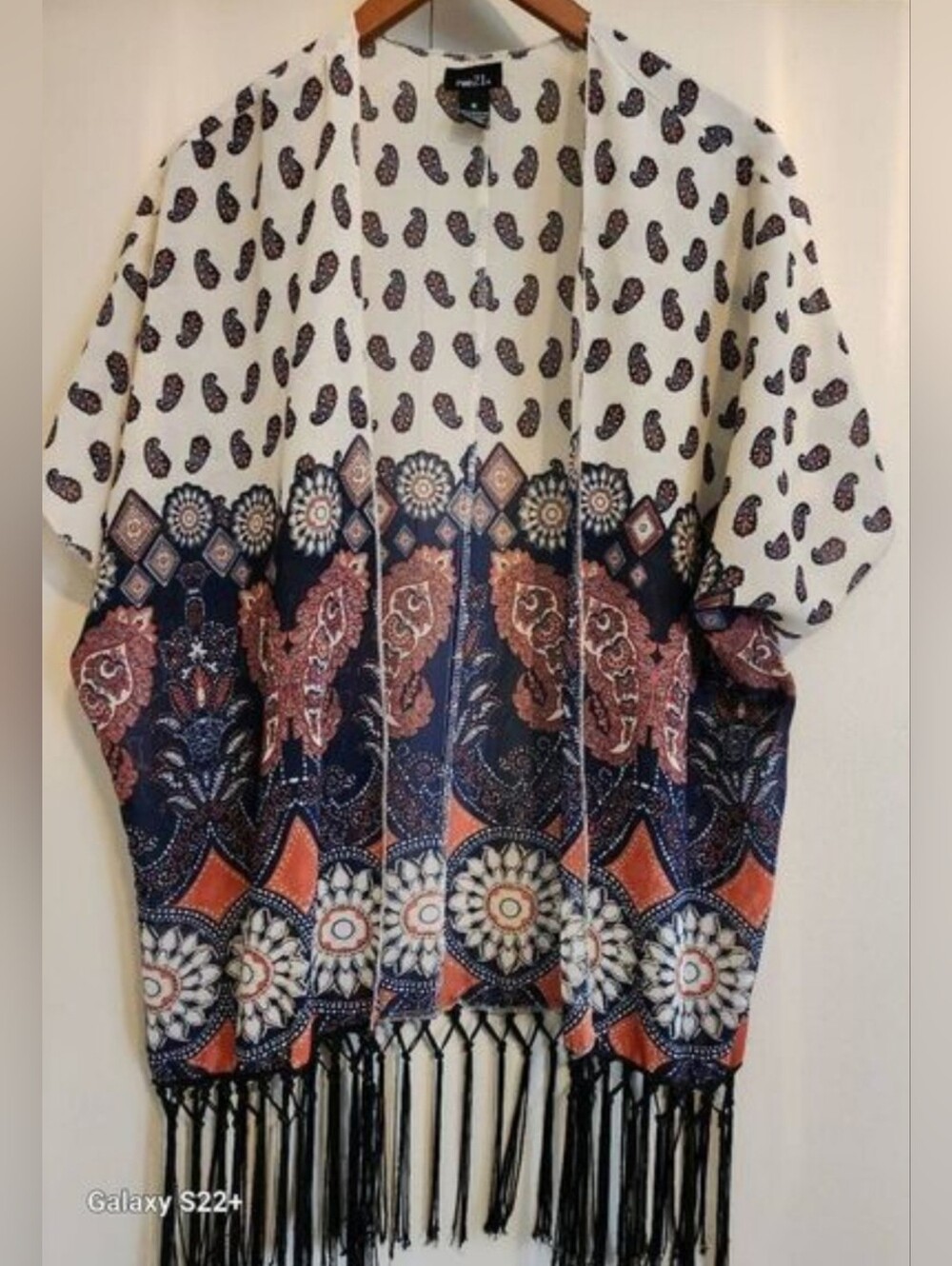 C25 Rue21 Navy, Coral & Cream Paisley & Butterfly Open Front Kimono- Fringed